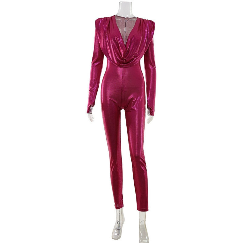 ZARA Autumn Winter Sexy Plunging Neckline Sequin Solid Bodycon Jumpsuit Women